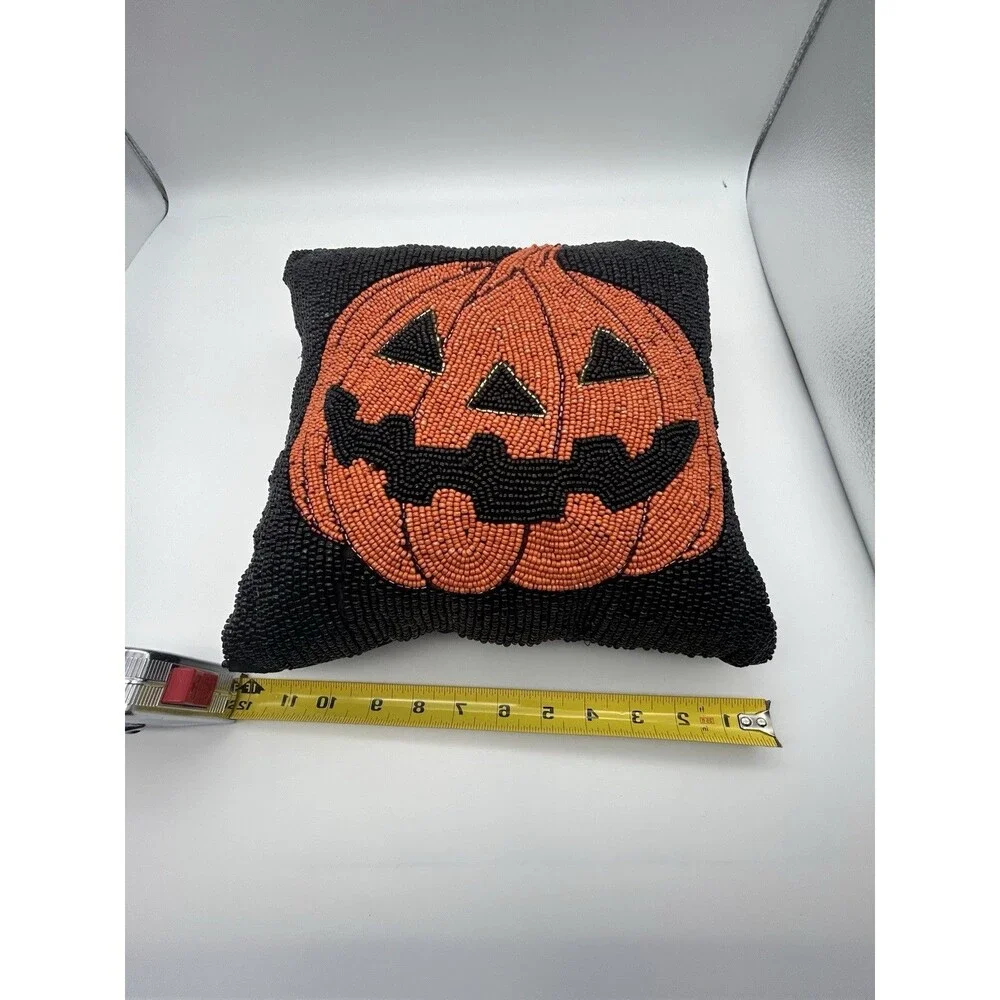 Beaded Jack O’Lantern Pumpkin Pillow 12x12 Handmade Halloween Decor Heavy